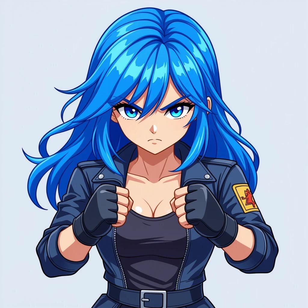 Pocket 2D girl with blue hair designed for a fighting game as a sprite in a side view position.