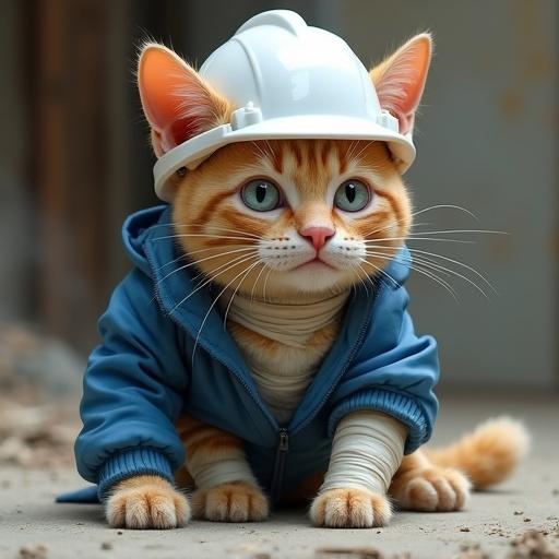 A semi-realistic cat in a white hard hat and blue work jacket. The cat has a dazed expression and is wrapped in excessive bandages. It sits slouched on the floor with a sweat drop, resembling a comical injury aftermath at a construction site.