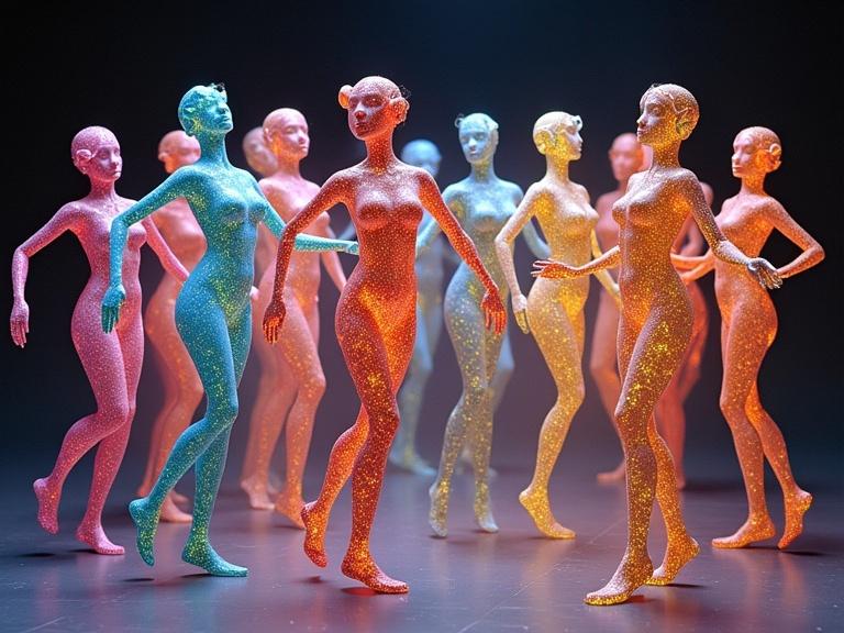 Many anthropomorphic figures made of glass and crystal are dancing in a choreographed routine. They have open legs and naked appearances. Each figure has a distinct inner glow in different colors. Soft colors blend with vibrant hues.