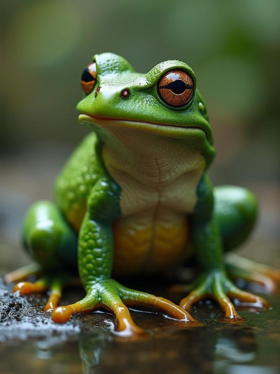 Close-up of a vibrant green frog with detailed features. Frog is sitting on a damp surface. Bright orange eyes and textured skin visible. Natural surroundings blur in the background.