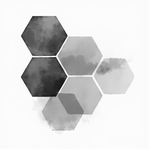 Large watercolor hexagons composition in grayscale on a plain white background. Hexagons are arranged artistically with varying shades of gray. Art focuses on abstract shapes and minimalism.