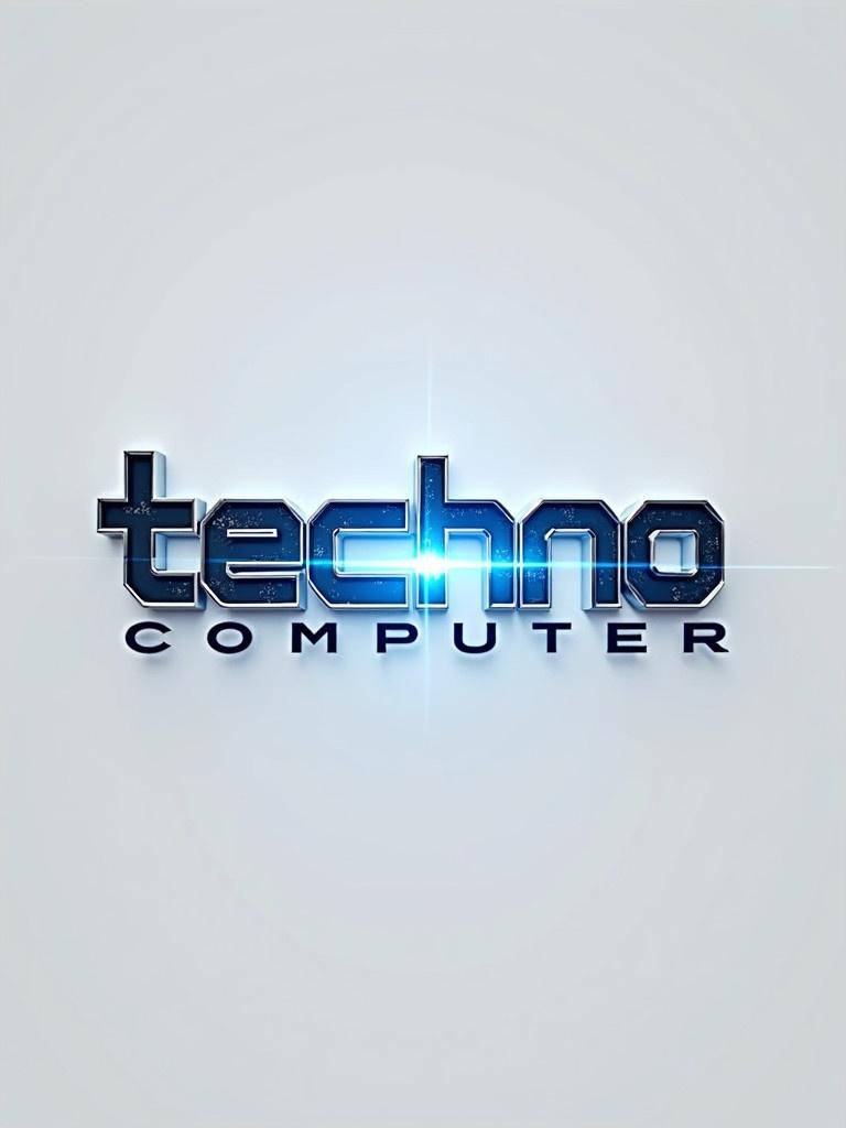 Logo design for techno computer spc featuring metallic blue and silver text with bright highlight. Conveys futuristic professional image for technology company. Sleek and modern style.