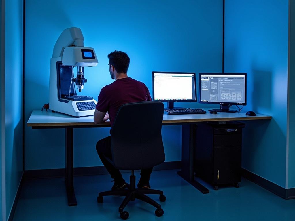 The image shows a person at a workspace focused on operating a machine. The machine appears to be a laboratory or industrial device used for precision measurements. Two computer monitors are positioned on the desk, displaying data or analysis related to the task. The environment is lit with a blue hue, creating a modern and tech-savvy atmosphere. The person is wearing a maroon shirt and black pants, seated comfortably in a rolling chair. Overall, the setting seems to be equipped for technical work, possibly in a lab or engineering context.