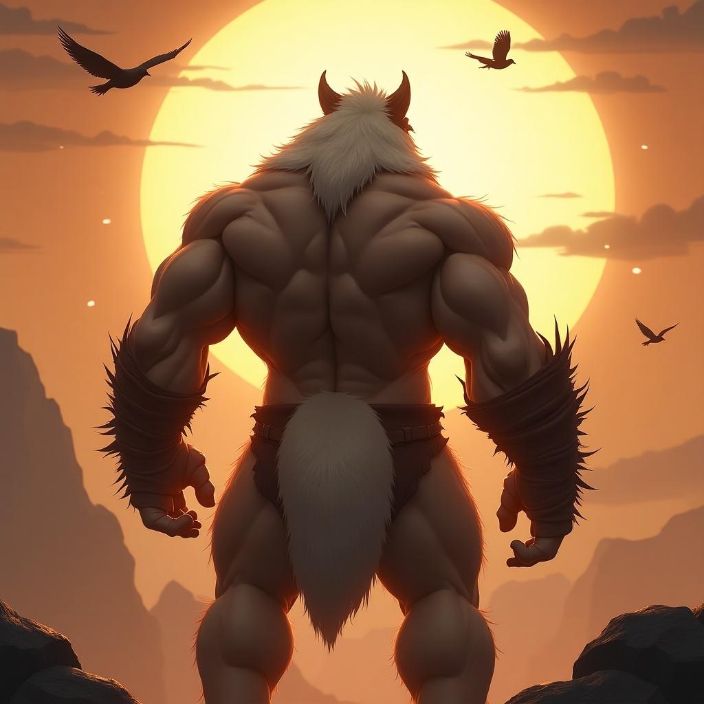 The image showcases a muscular character viewed from behind, emphasizing their impressive physique. The setting sun creates a dramatic backdrop, casting a warm orange glow that highlights the character's details. Their fur adds a fantasy element, blending strength with mythological undertones. Birds fly in the background, enhancing the ethereal quality of the scene. This artwork draws inspiration from video games, combining character design elements with a powerful pose.