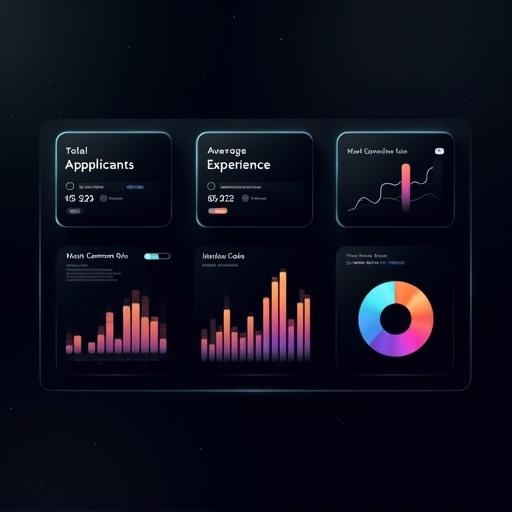 Sleek and modern analytics dashboard interface. Dark glassmorphism style. Deep black gradient background with noise. Semi-transparent frosted glass panels with white or bluish borders. Clean rounded containers for data like Total Applicants, Average Experience, Most Common Role. Charts include vibrant bar chart, smooth donut chart, pie chart in vivid gradient colors. Minimal geometric typography. Soft drop shadows and elegant hover states. Minimal futuristic layout.