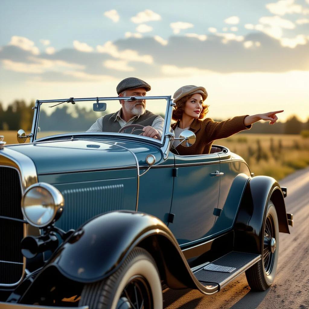 Vintage car from the 1930s driven on a dirt road. A man grips the wheel with tension. A woman points ahead with urgency. The scene captures a golden hour light with a dramatic look. The car shows signs of age with faded paint and dust. The landscape is rural Romania, showcasing a peaceful setting with hints of history.