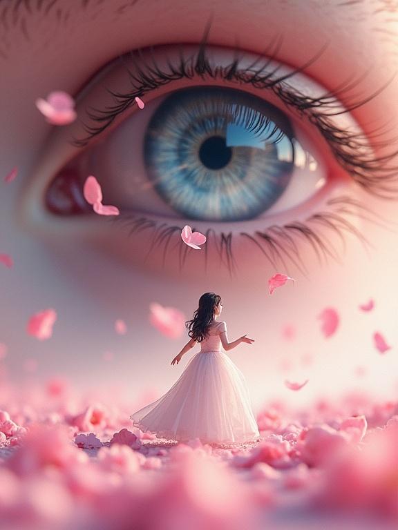 Tiny woman in bridal costume walks across cherry blossoms toward a blinking human eye. Iris reflects serene skies. Eye's lashes tremble as petals drift upward. Blend of cosmic exploration and organic wonder. Camera zooms in close.