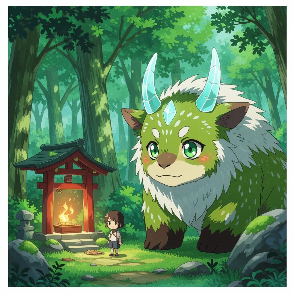 Gentle beast with crystal-like horns and mossy green fur near forest shrine. Child leaves food unaware of guardian's presence. Magical accents and clean anime style.