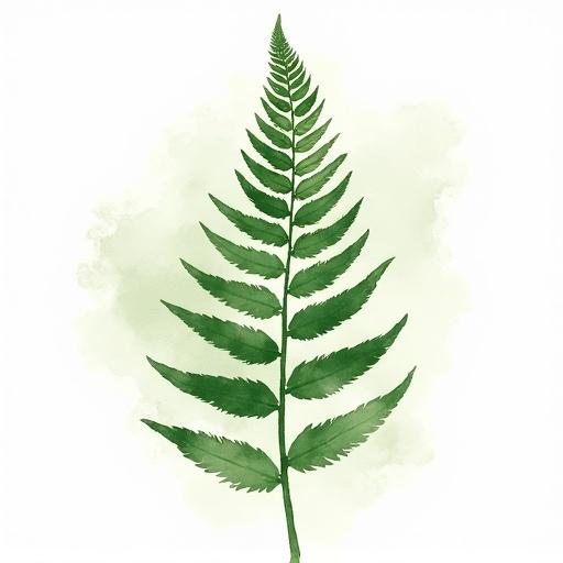 Watercolor illustration of a fern leaf isolated on a hazy white background. The artwork features rough canvas texture and highly stylized strokes of green.