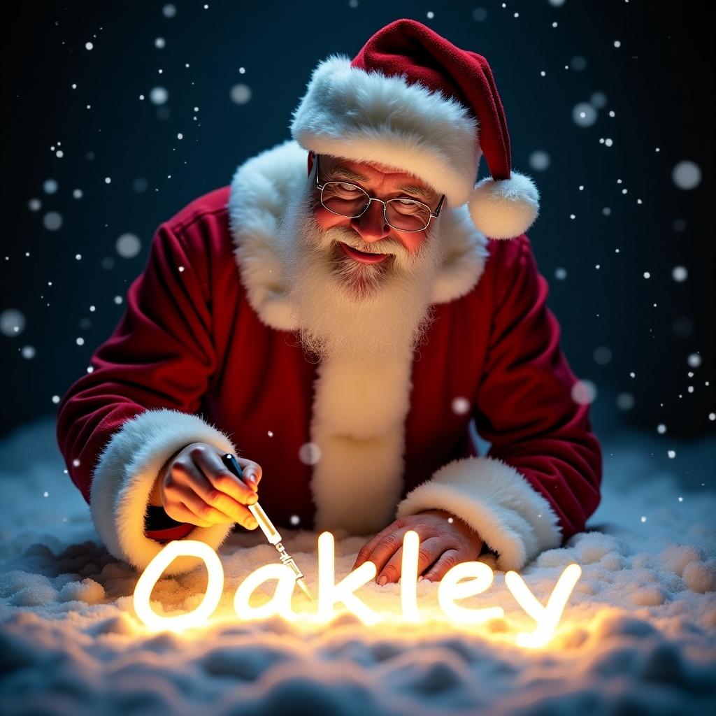 A realistic Santa Claus in red and white suit writes 'Oakley' with a magic pen on snowy ground. background is dark, text glows brightly. Santa's cheerful expression adds warmth to the festive scene.