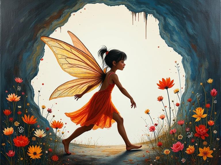 Fairy in profile walking toward a cave. Colorful flowers surround the scene. Cave has a textured mural style and paint drips. The fairy has large wings and is wearing an orange dress. Bright and vibrant artwork with minimalist elements.