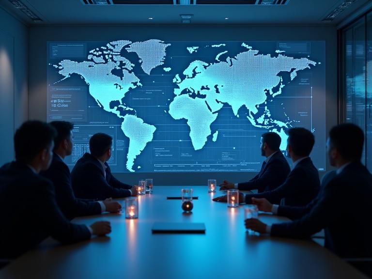 Sleek boardroom with executives viewing a 3D dashboard. Real-time analytics powered by AI displayed on a world map. Glowing data arcs highlight predictive trends and consumer behavior.