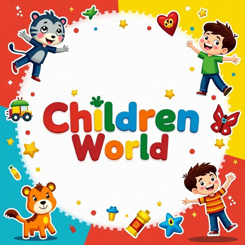 Banner image for a YouTube channel named Children World. Features playful cartoon characters and bright colors. Suitable for children.