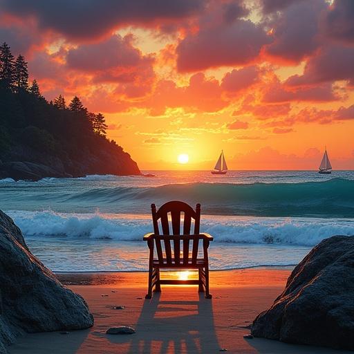 A wooden chair facing a stunning ocean sunset with waves crashing gently on the shore.
