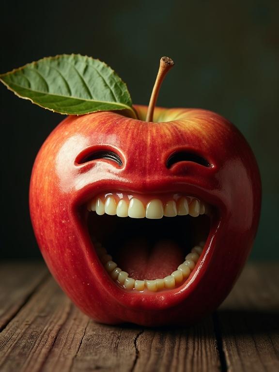 A humorous representation of an apple with a big smile. The apple has a face and mouth, showcasing teeth and expression. A leaf sits atop the apple. The image has a warm, inviting background and rustic wooden surface.