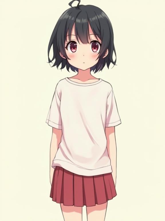 Illustration of a young girl with short dark hair wearing a pleated mini skirt. Bright colors used. Clean lines in anime style. Full body view.
