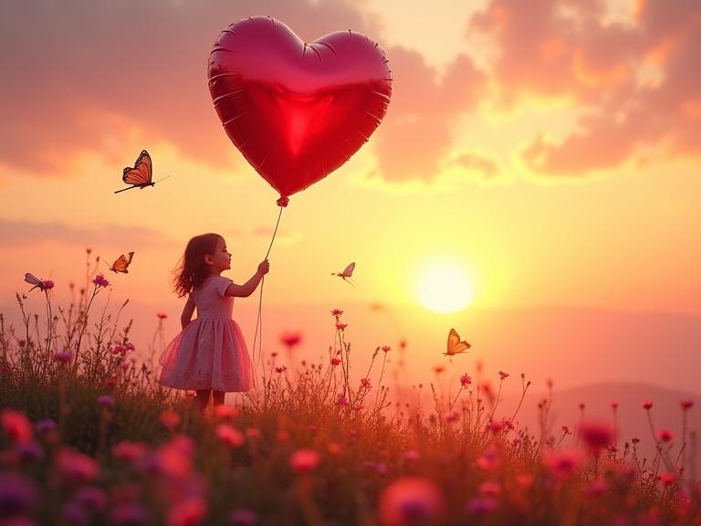 A child smiles holding a heart-shaped balloon on a hilltop. The sunset casts a warm glow. Butterflies surround blooming flowers. A fairy-tale scene of gentle joy.
