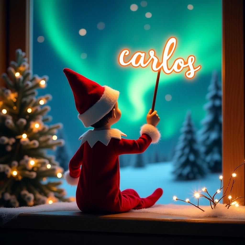 An enchanting Christmas scene features an elf on the shelf, dressed in red and white, facing the sky. The elf holds a magic wand displaying the name 'carlos' in glowing script. In the background, vibrant northern lights create a magical ambiance. The setting is adorned with a Christmas tree and fairy lights, contributing to the festive feel. This scene captures the essence of Christmas and invites a sense of wonder and excitement during the holiday season.