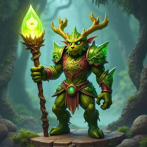 Grand Oakheart depicted as a tall fantasy character holding a glowing staff surrounded by a mystical forest atmosphere. Character features emerald accents and gnarled horns. Staff emits light and has elaborate designs. Character armor resembles natural elements like vines and crystals. Unique acorn emblem present.