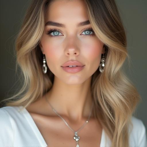 Ultra-realistic close-up portrait of a young woman. Crystal-blue almond-shaped eyes. Long dark eyelashes. Groomed medium-brown eyebrows. Luminous skin with contouring. Straight nose. Glossy pink-nude lips. Voluminous wavy blonde hair. Simple white V-neck top. Crystal earrings and silver necklace. Serene expression looking at the camera. Soft lighting with blurred background.