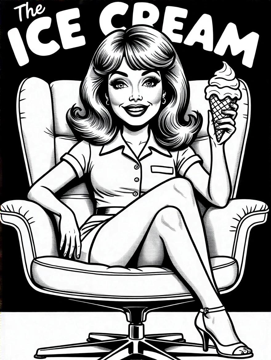 A creative and visually striking black and white illustration. A cheerful seventies ice cream waitress with Farrah Fawcett hairstyle is seated in a modern designer armchair. She has legs crossed and holds an ice cream cone in one hand. The ice cream cone features a scoop topped with whipped cream, a cherry, and sprinkles. The waitress wears mini denim shorts, a fringed flared shirt, and roller skates. The illustration captures her joyful expression and elegant pose. The background includes retro diner elements.