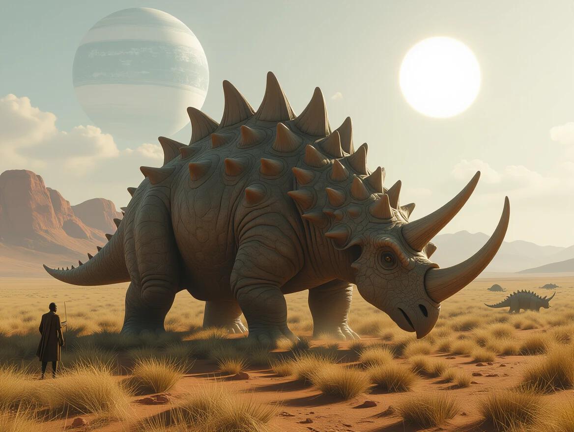 A massive herbivorous Ridgeback Goliath grazes in a vast alien savanna. Twin suns illuminate the scene, showcasing detailed anatomy and natural light.