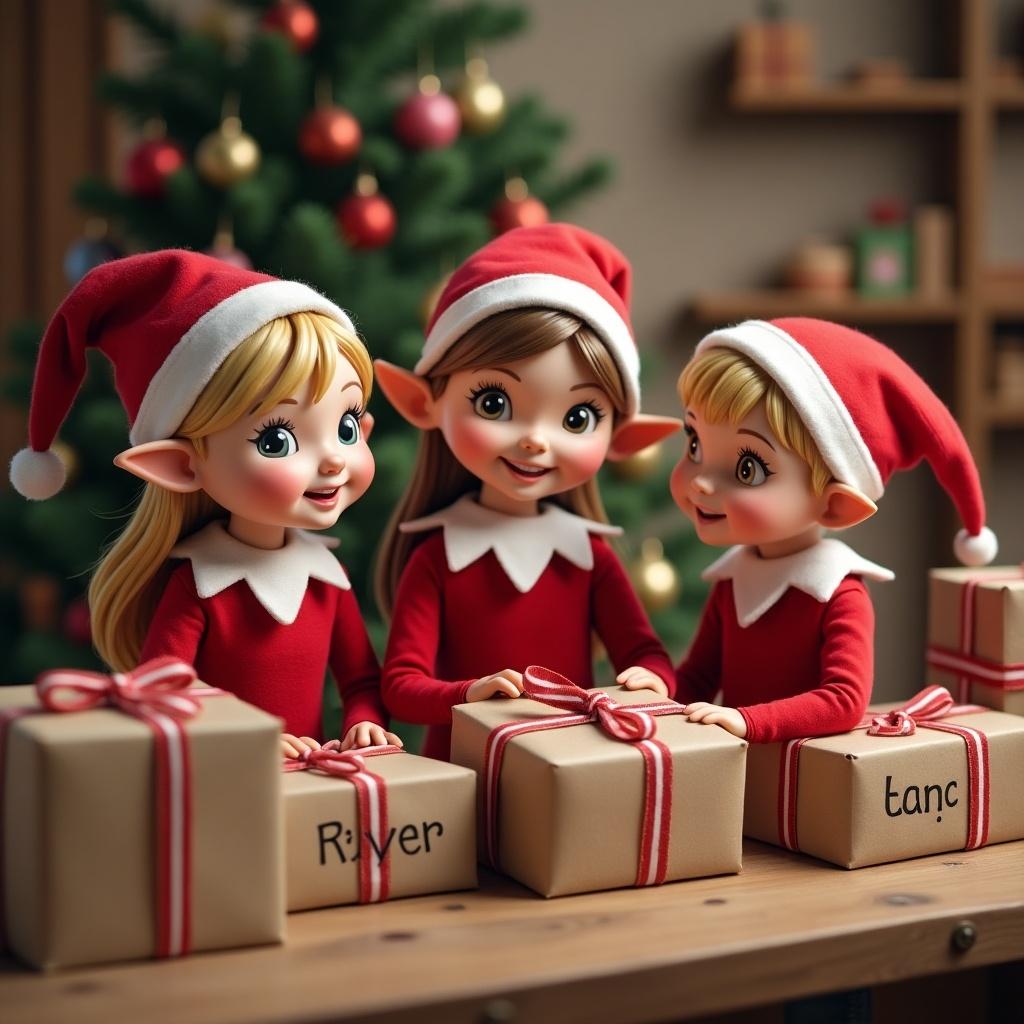 Cute girl elf with pointed ears and friends at toy workshop. Background features Christmas decorations. Elves are wrapping gifts with names. Happy and festive mood. They wear red outfits.