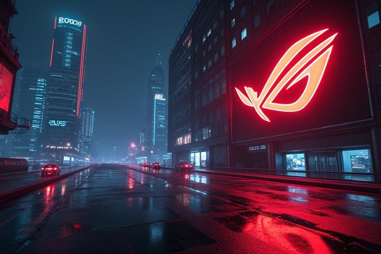 Nocturnal view of a high-tech secret base inspired by Area 51 in a cyberpunk style. The setting features saturated red and blue neon lights, floating holographic screens, and armored autonomous vehicles patrolling silently. The ASUS ROG logo, stylized as an animated hologram, glows on a black chrome angular building facade. Artificial fog on the ground, visible cables, and bright reflections on wet concrete. Third-person perspective shot from above as if captured by a hidden surveillance camera. Paranoid atmosphere filled with technology.