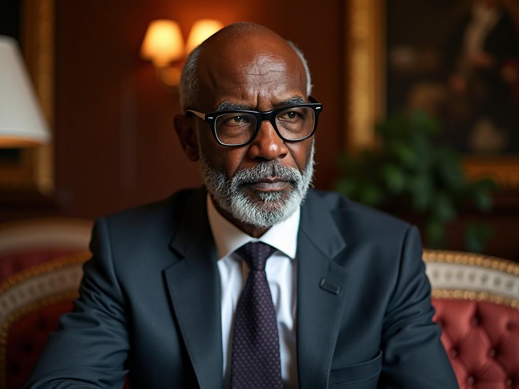 An elderly man with a serious expression wearing a suit and glasses, sitting in a sophisticated office environment.