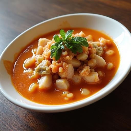 Ceviche served in a white bowl with a garnish of green herbs