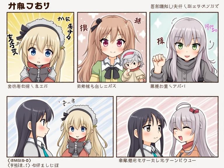 Anime style characters enjoy ice cream. Various flavors and designs of ice cream presented. Lightweight and colorful atmosphere. Cute expressions shown on characters. Playful interaction depicted among characters.