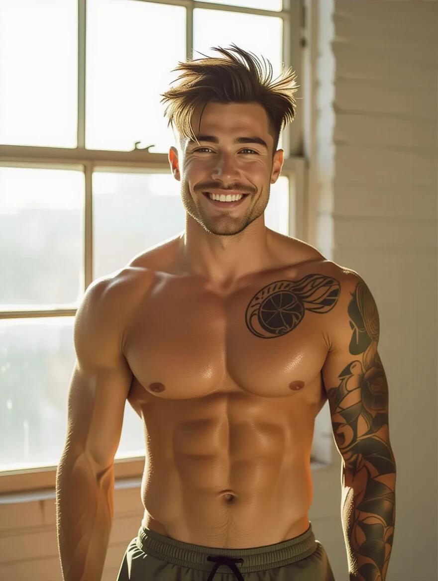 A muscular man radiates joy in a bright room. Sunlight filters through a window creating warmth. He wears gym shorts and is shirtless with visible tattoos. Defined abs and a toned physique are highlighted by soft lighting.
