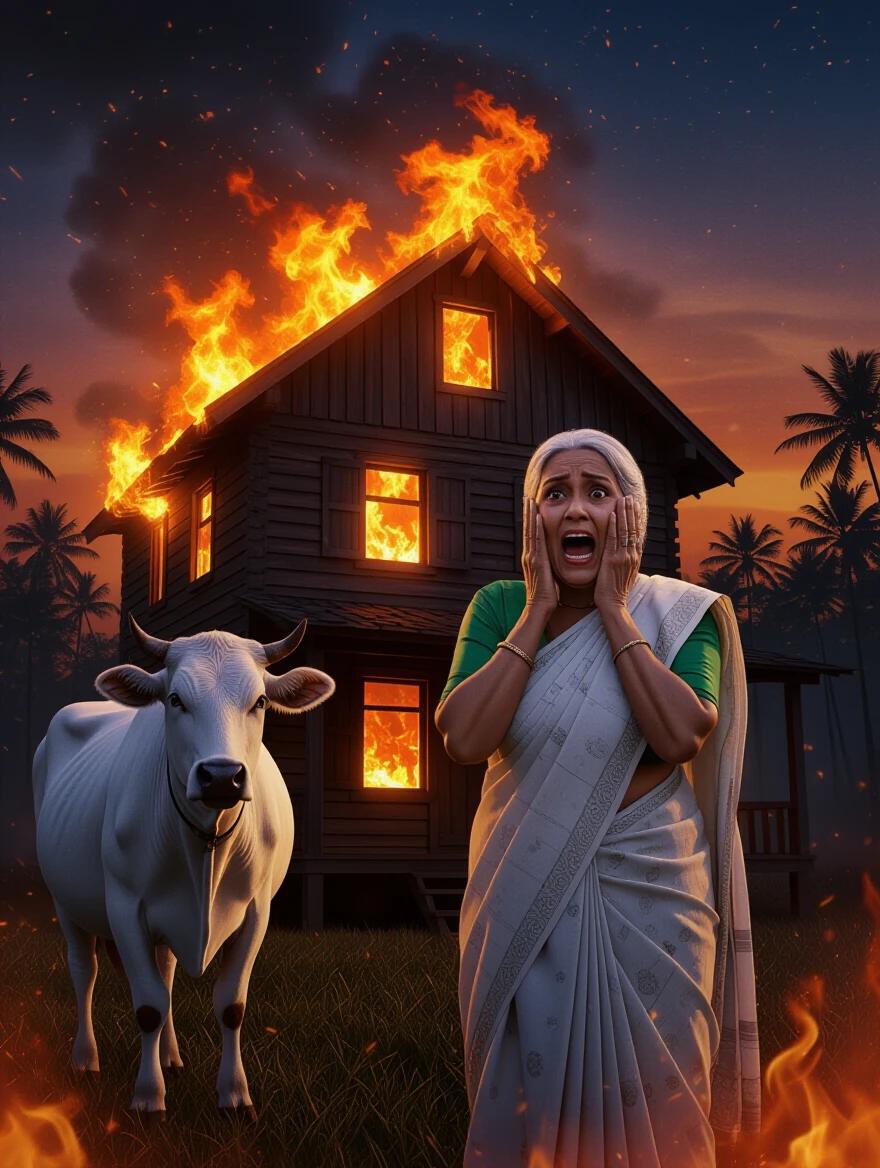 Dramatic 3D illustration shows wooden house engulfed in flames. A woman in white saree and green blouse screams in fear with hands on her face. A white cow stands beside her, looking teary and helpless. Night sky glows orange from fire. Background features jungle silhouettes and reflections of fire on trees.