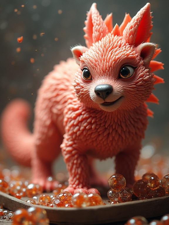 A cute fantasy creature with textured coral fur stands among shimmering amber orbs. It has large expressive eyes, friendly demeanor, and softly spiky features. The background is blurred, creating a magical atmosphere.