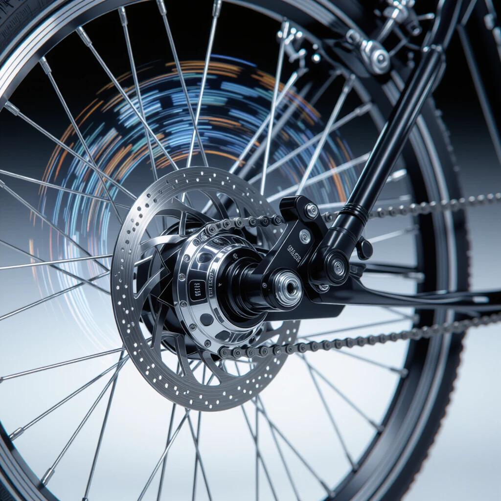 Ultra realistic macro photograph of a bicycle dynamo on the front fork. Dynamo is engaged; the roller presses against the bicycle tire. The shiny metal body shows engravings in focus. The rotating tire has a strong motion blur. Dark textured background enhances details. Professional studio lighting highlights metallic features. Shallow depth of field emphasizes the dynamo.