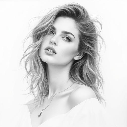 Pencil drawing of a beautiful woman with long hair and soft features. Monochrome style with detailed shading.