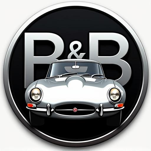 Modern logo design featuring B&B Automobiles. Silver Jaguar E-Type in front of mirrored B letters. Black background. Chrome letters. Sporty depiction of the car with headlights on.