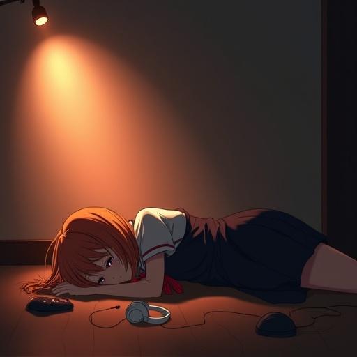 Anime silhouette of a young female idol wearing a school uniform. Dark grey jumper dress with short sleeve white dress shirt and red ribbon. Short orange hair collapsed on the floor face down in dark room. Dim orange spotlight illuminates the wall. White headphones and microphone scattered around. A few tear drops on her face. Soft edges and minimal details create a dreamlike atmosphere.