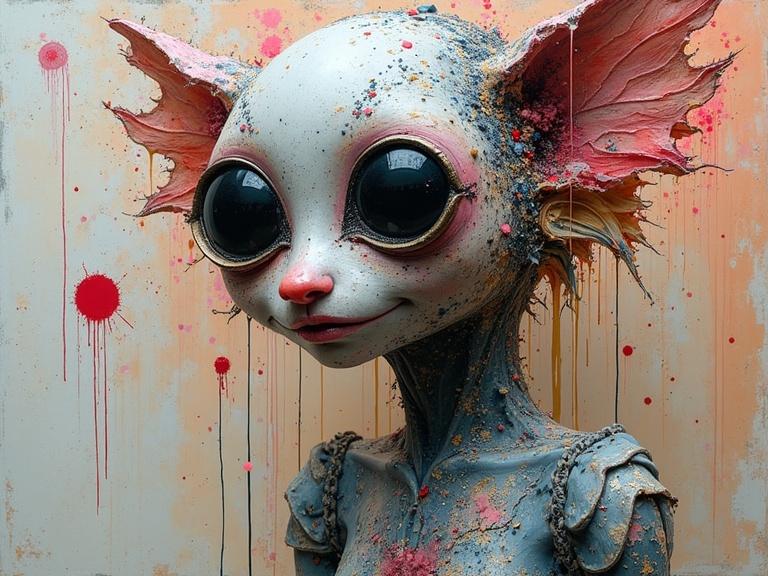 Character design with extraordinarily large eyes in fantasy style. Includes mixed media elements like newspaper and jute fibres. Features colorful splashes and textures. Close-up perspective emphasizes intricate details.