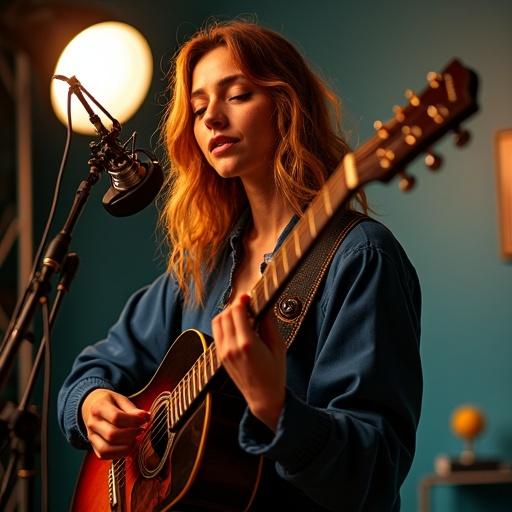 Influencer in a radio studio. Long brown hair. Bronze skin tone. White miniskirt. Navy tank top. White bomber jacket. Relaxed yet powerful pose. Holding guitar. Warm cinematographic lighting. Vibrant energy captured.