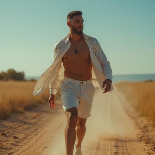 A man walks alone without friends. He believes he can outshine them with his toxic confidence. The setting is a dirt road in a warm, natural light. He is dressed in casual summer attire.