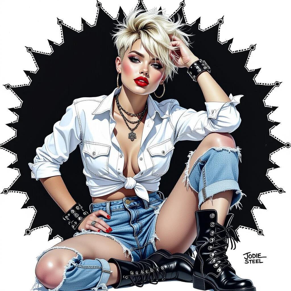 A black and white ink drawing features a confident young model in punk fashion. Wears a knotted white shirt and ripped blue denim shorts. She poses with an edgy attitude in chunky motorcycle boots. Stylized hair features a mix of lengths in a messy crew cut. The background includes dynamic crown patterns made of bold shadows. Includes dramatic contrasts with light and shadow.