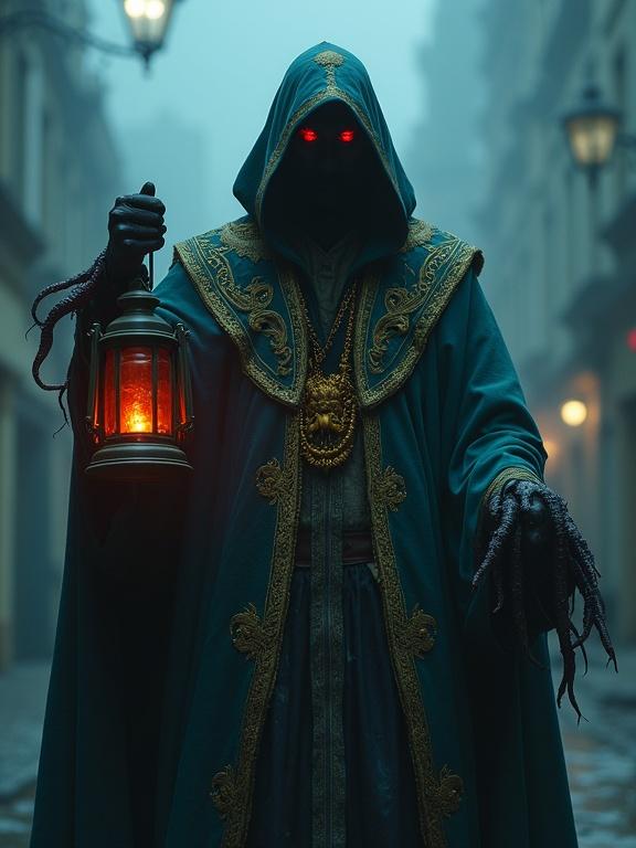 Corrupted malevolent bishop of the Church of Storms. Male figure dressed in luxurious ocean-colored mantle with golden embroidery. Hood covers head shadows below. Glowing red eyes. Left hand holds a lantern providing dim light. Right sleeve extends tentacles. Nighttime port city background styled after impoverished Victorian England. Thick fog and smog. Horror atmosphere of fear and dread.