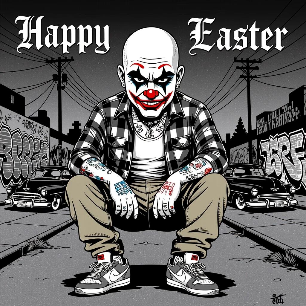 Black and white illustration featuring chicano clown in streetwear style. Clown has bald head angry eyebrows clown nose and small teardrops under one eye. Serious and intimidating expression. Dressed in plaid flannel shirt white tank top and baggy khaki pants. Wears Nike Cortez sneakers and shows visible tattoos with old English letters. Urban barrio background includes graffiti walls power lines and lowriders. Text in gothic font reads Happy at top and Easter at bottom. High-contrast sharp vector design with a cholo vibe. Suitable for streetwear logo or graphic art.