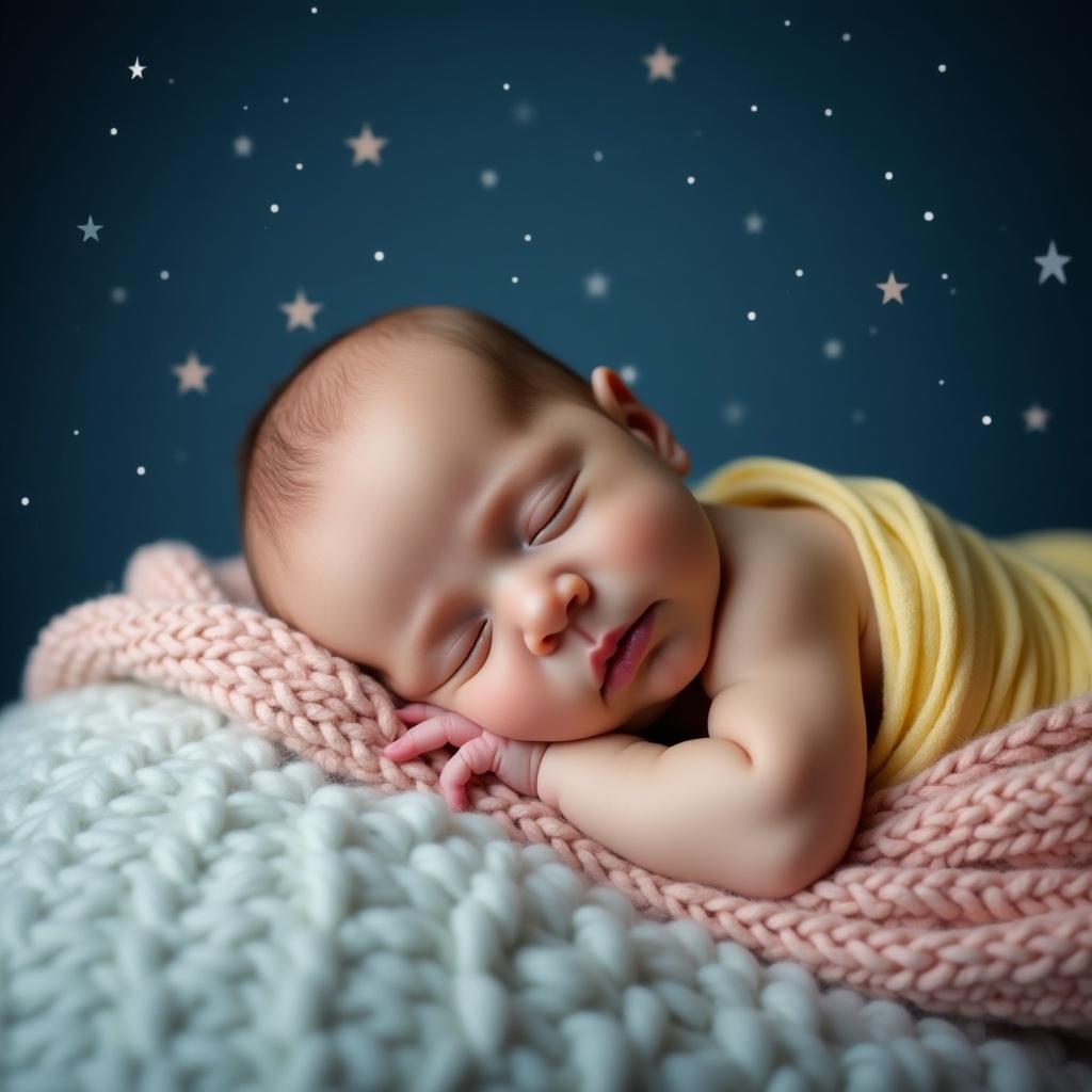 Peaceful sleeping newborn baby wrapped in yellow and pink blankets. Close-up image with soft lighting. Baby curled on textured blanket against starry night sky background. Dreamy atmosphere with soft blue palette. Captures moments of innocence and peace.