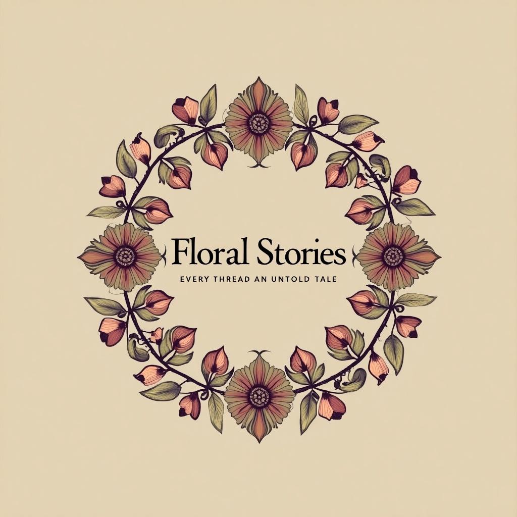 Create a logo for a high-end premium sari brand named Floral Stories. The logo should incorporate a delicately designed floral wreath that represents elegance and sophistication. The central text should display 'Floral Stories' in a stylish, easily readable font. Below it, include the tagline 'Every Thread An Untold Tale' in smaller text. Use soft, muted colors like beige, pink, and deep purple to convey a luxurious feel. The design should resonate with traditional yet modern aesthetics. Aim for a harmonious and balanced look that will appeal to a discerning audience.