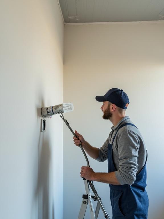 Man painting a wall with a roller. He is using a paint roller on an extension pole. He is on a ladder wearing a navy cap and denim overalls. Simple interior with neutral wall color.