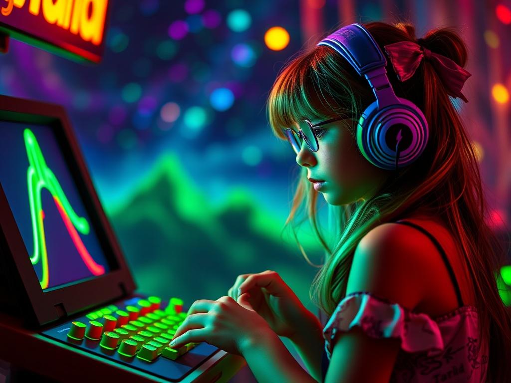 A young person wearing large headphones is intensely focused on retro gaming in a vibrant, neon-lit environment.