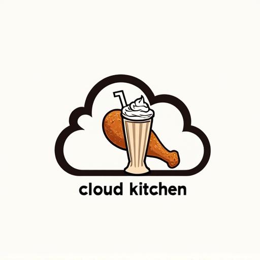 Modern logo for a cloud kitchen food brand. Specializes in KFC-style fried chicken. Features fried chicken drumstick and milkshake glass. Uses monochrome palette. Trustworthy appearance.