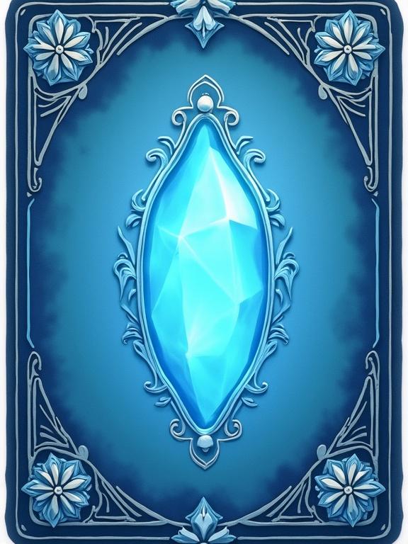 A fantasy card back design featuring a light blue theme. The focal point is a glowing blue stone at the center, surrounded by ornate silver decorations. The design is symmetrical and evokes a whimsical feeling.